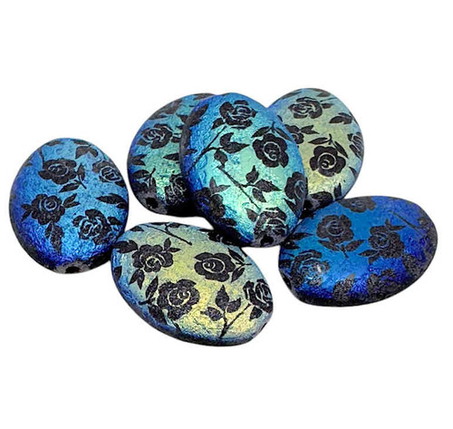 Oval Laser-Etched Rose Beads, 18x13mm, Jet/Metallic Blue/Green (Qty: 6)