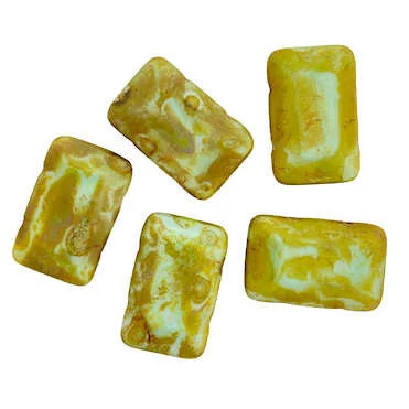 Czech Glass Rectangular Pillow Beads, Green Turquoise w/Heavy Travertine, 15 x 23mm (Qty: 5)