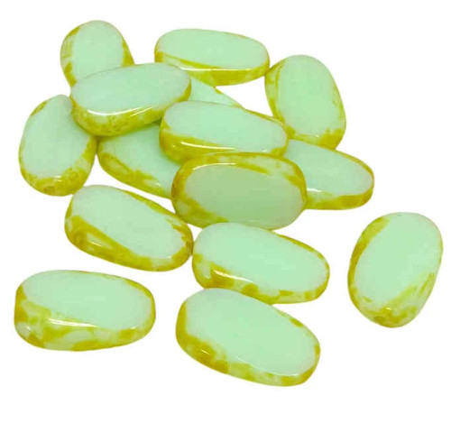 Czech Glass Table-Cut Twisted Oval, Light Mint Green w/Travertine, 14x8mm (15 Pcs)