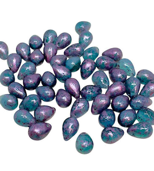 5x7mm Czech Glass Drop Beads, Dark Green Aqua Transparent w/Metallic Pink Wash (Qty: 50)