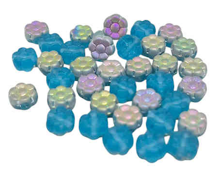 6mm Czech Glass Flat Flower, Frosted Aqua Vitrail Light (Qty: 36)