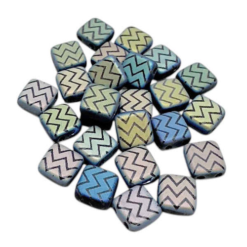 Laser-Etched Two-Hole Tile Beads, Matte Jet w/Sliperit Zig-Zag, 6mm (Qty: 25)