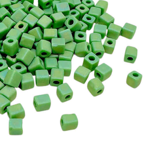 4mm Cube Beads, #411FR, Opaque Green AB (10 gr.) (Miyuki)