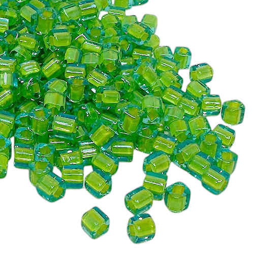 4mm Cube Beads, #307, Lime Green-Lined Aqua (10 gr.) (Toho)