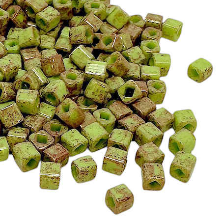 4mm Cube Beads, #1209, Marbled Opaque Avocado/Pink (10 gr.) (Toho)