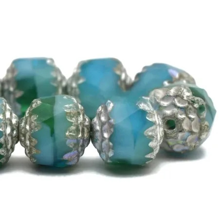8mm Cathedral Beads, Matte Green/Aqua/Sky Blue w/Antique Silver Wash (Qty: 15)