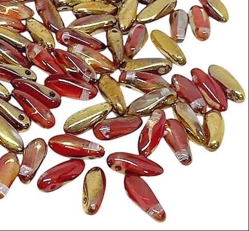 Fringe Dagger Beads, Cranberry w/Half Amber, 3x11mm (Qty: 50)