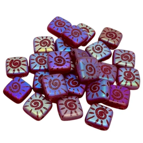 Laser-Etched Two-Hole Tile Beads, Matte Red w/Matte AB Radiant Sun, 6mm (Qty: 25)