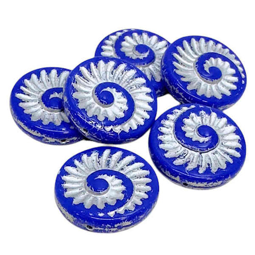 Czech Glass Ammonite Swirl Coin Beads, Opaque Cobalt w/Silver Wash, 17mm (Qty: 6)