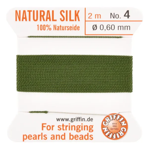 Griffin Silk Bead Cord, Olive, Size 4 (0.6mm) (2m, approx. 6.5 ft)