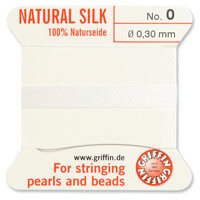 Griffin Silk Bead Cord, White, Size 0 (0.3mm) (2m, approx. 6.5 ft)
