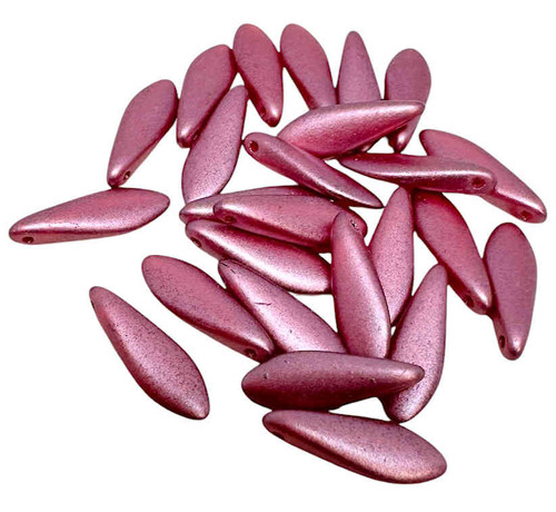 1-Hole Czech Glass Dagger Beads, Matte Pearlized Dark Rose, 5 x 16mm (Qty: 25)
