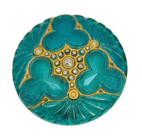 36mm Triple Clover Button, Green Turquoise w/ Gold Wash & Silver Paint (Qty: 1)
