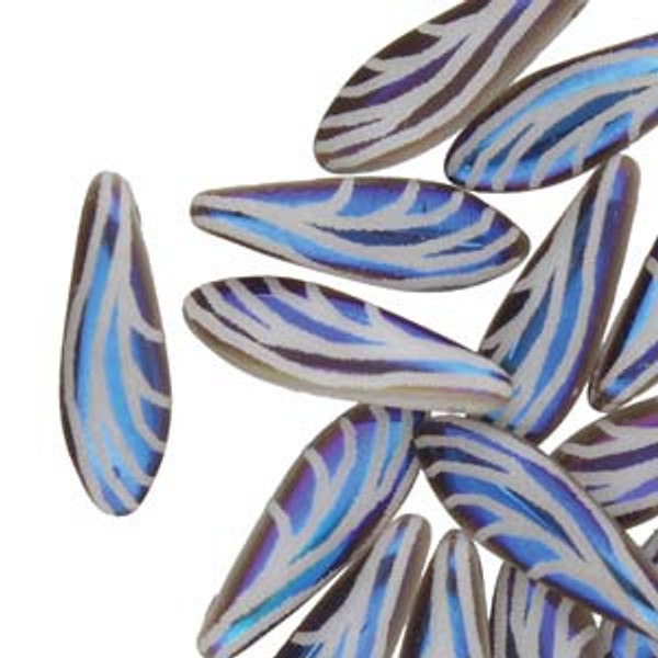1-Hole Czech Glass Dagger Beads, White Laser Wing Azuro (5 x 16mm) (Qty: 25)