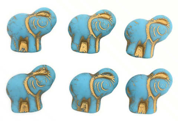 Elephant Beads, Matte Sky Blue w/ Gold Wash, 20x23mm (Qty: 6)