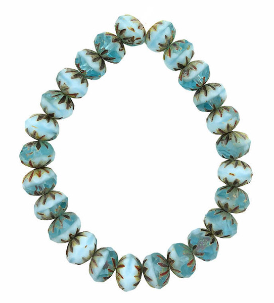 Cruller Rondelle Beads, Sky Blue w/ Picasso Finish, 6x9mm (Qty: 25)