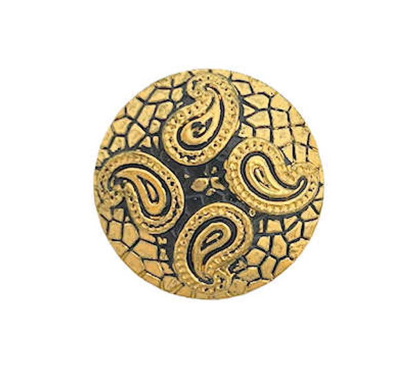 23mm Button, Shiny Gold Paisley w/ Gold Mosaic on Black Background (Qty: 1)