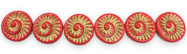 18mm Ammonite Fossil Beads, Red w/Gold Wash (Qty: 6)