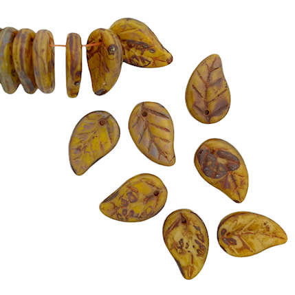 Pressed Glass Leaves,  Honey  with Amber (9x14mm) (Qty: 25)