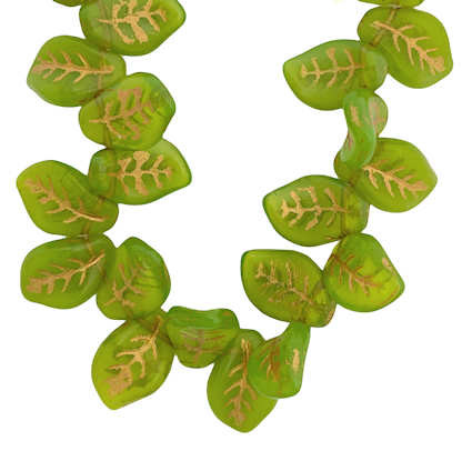 Pressed Glass Leaves,  Apple Green w/ Gold (10x15mm) (Qty: 20)