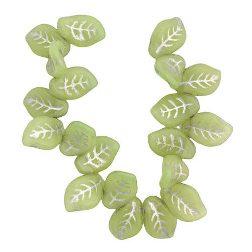 Pressed Glass Leaves,  Light Green w/ Silver (10x15mm) (Qty: 20)
