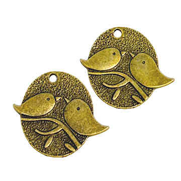 Birds on a Branch Pendant/Earrings, Brass-Plated Pewter, 27 x 25mm (Qty: 2)