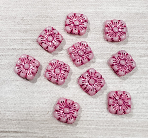 11mm Square Flower Beads, Pink/Fuchsia (Qty: 10)