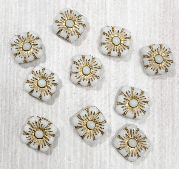 11mm Square Flower Beads, Alabaster w/Gold (Qty: 10)