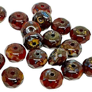 5 x 8mm Faceted Rondelles, Dark Oxblood & Cream Glass Mixture (Qty: 25)