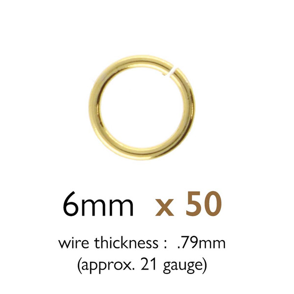 6mm Gold-Plated Open Jump Rings (Qty: 50) (22 gauge)