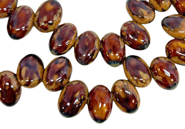 Ceramic Top-Drilled Oval Beads, Cocoa w/Brown, Terra Cotta, and Green Frit, 22.5x16mm (Qty: 12)