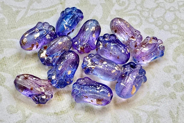 Tulip Bud Flower Beads, Transparent Etch Violet-Blue & Gold/Silver Splash, 12x8mm (Qty: 12)