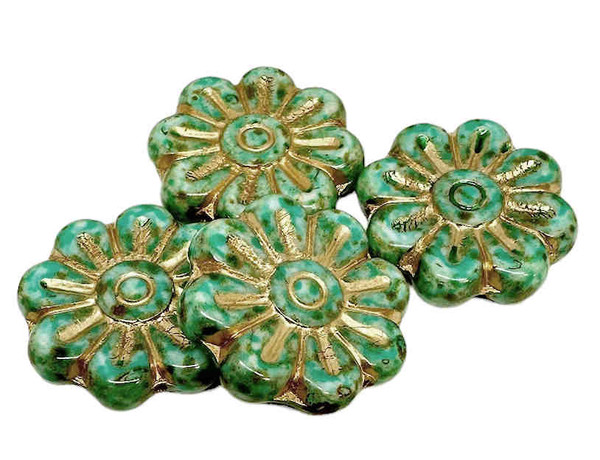 Gerber Daisy Flowers, 18mm, Opaque Green Turquoise w/Gold Wash (Qty: 4)