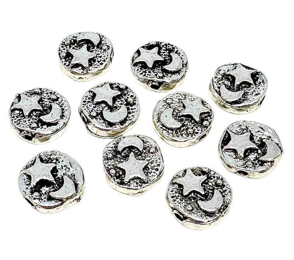 9mm Celestial Coin Beads, Silver-Plated Pewter (Qty: 10)