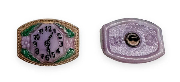 Vintage Clock Button! Purple w/Green, 16x22mm (Qty: 1)