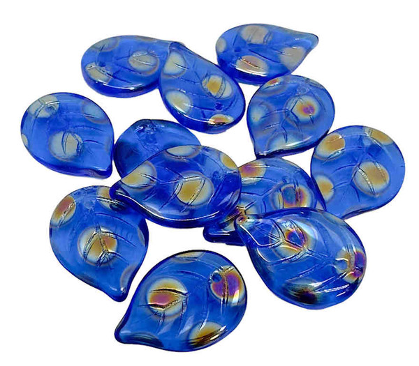 Laser-Etched Leaf Beads, Sapphire w/Vitrail, 18x13mm (Qty: 12)
