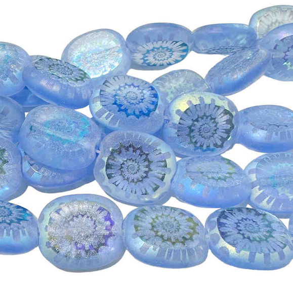 Table-Cut Puffy Rectangle Beads, Light Sapphire w/AB Nautilus Laser-Etched (Qty: 8)