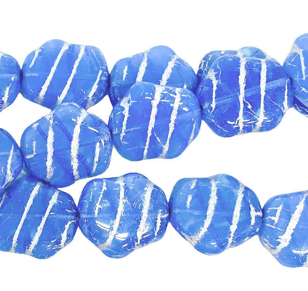 Puffy Freeform Oval/Round Beads, Light Sapphire Blue w/Silver Stripes (Qty: 10)