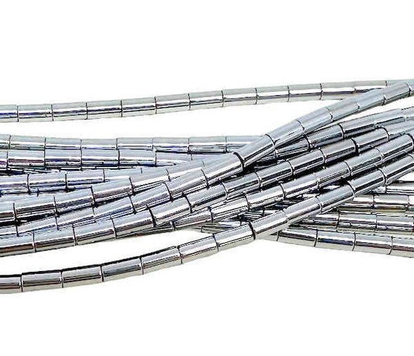 4 x 2mm Metallic Nickel-Silver Hematite Tube Beads, (16" strand, ~96 beads)