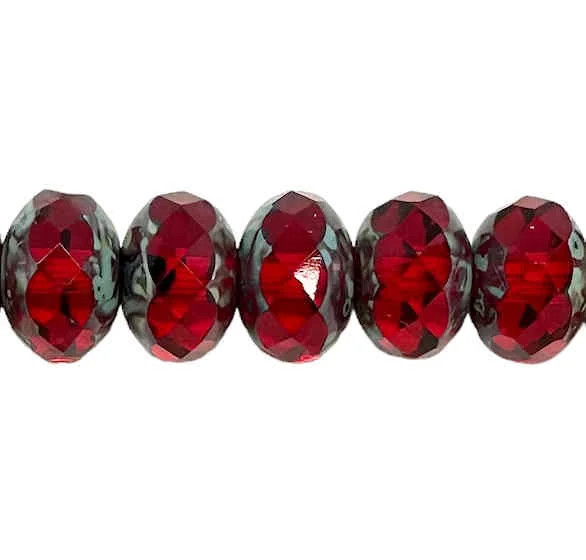 Czech Glass Faceted Rondelles, 6x9mm, Siam w/Silver Travertine (Qty: 17)