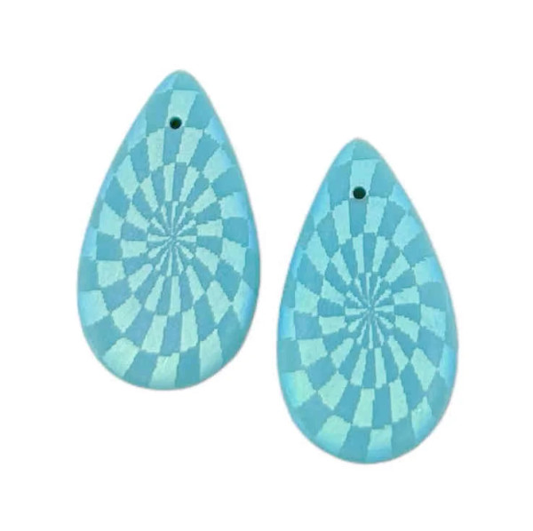 Matte Turquoise Tear Drop Pendant, Laser-Etched Spiral Checkerboard AB, 18x30mm (Qty: 2) Custom made for us!