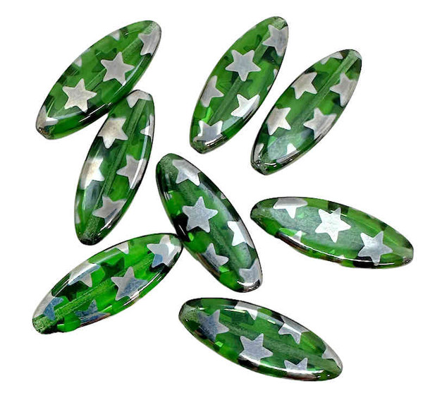 24x9mm Laser Etched Oval, Kelley Green w/Laser Etched Silver Stars (8 Pcs)