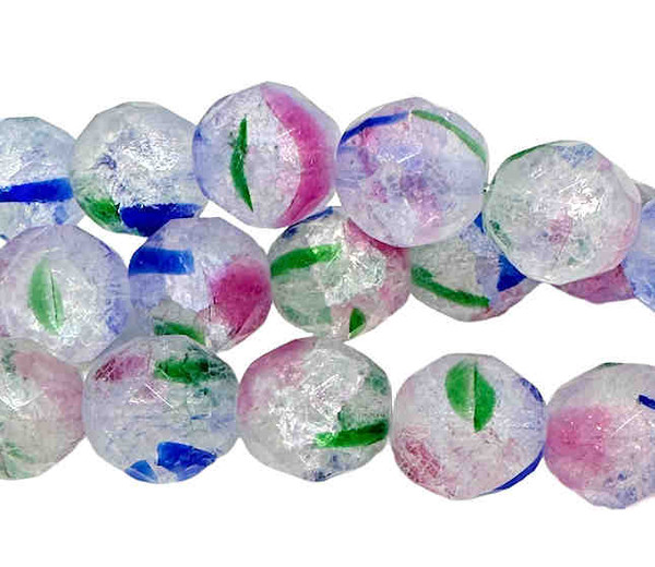 11mm Fire Polish Beads, Givre' Blue, Pink & Green in Crystal Crackle (Qty: 10)