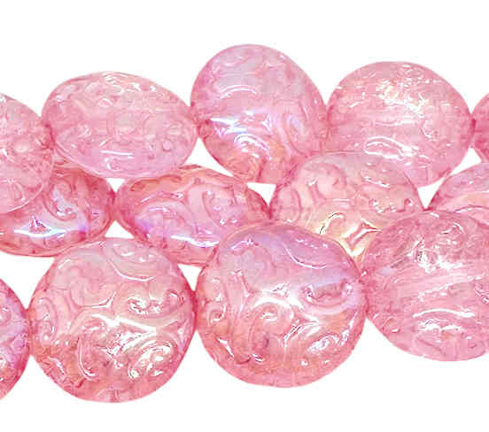 14mm Arabesque Carved Coin Beads, Transparent Pure Pink w/AB (15 Pcs)