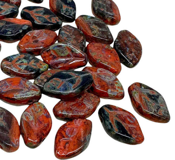 Cherry Leaf Beads, 2-Tone Black & Brick Red w/Travertine (44 Pcs)