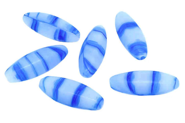 Czech Glass Peeled Olive Beads, Blue & White Striped, 19x7mm (Qty: 6)