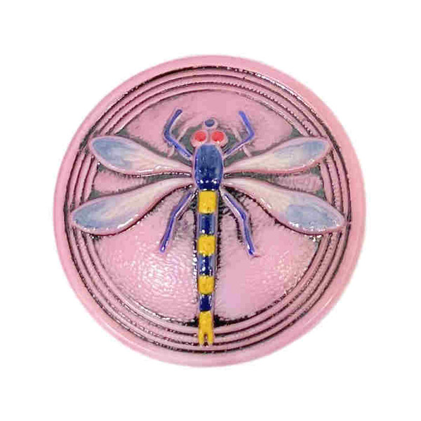 Hand Painted Czech Glass Button, Pink Dragonfly, 30mm, Metal Shank (Qty: 1)