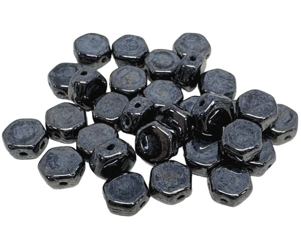 6mm Czech Glass 2-Hole Honeycomb Hematite (Qty: 30)