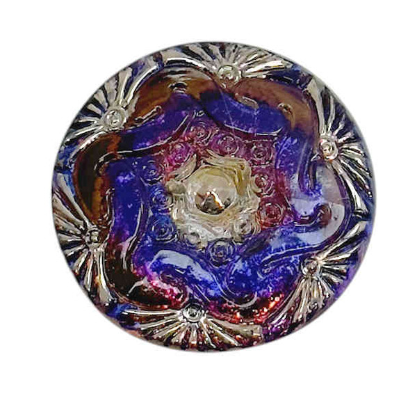 18mm Czech Button, Fireworks, Iridescent Bermuda Blue w/Gunmetal (Qty: 1)