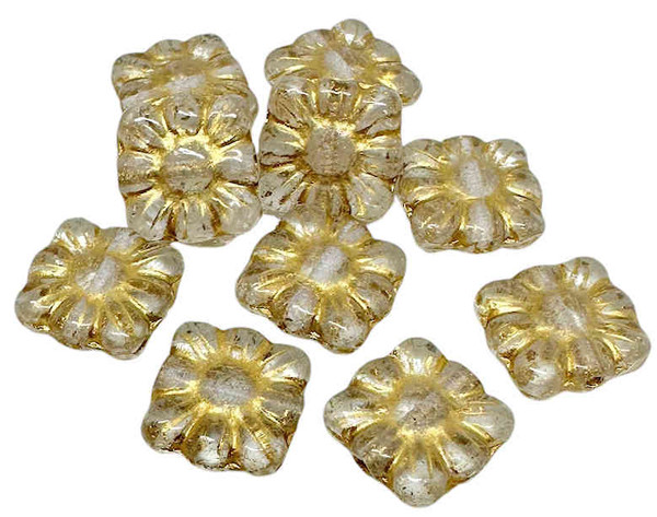 9mm Square Flower Beads, Crystal w/Gold Wash (Qty: 10)